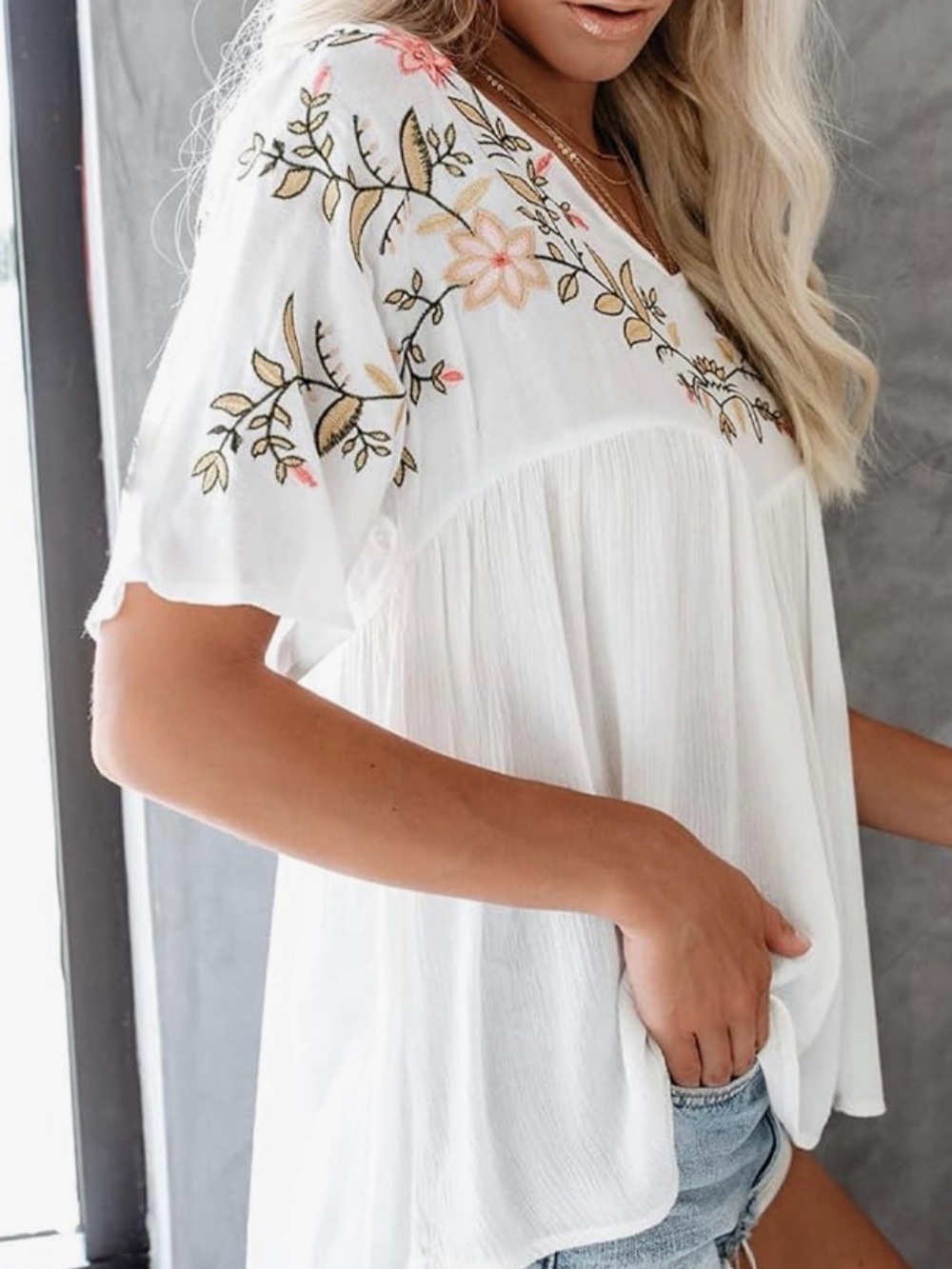 Embroidered White V-Neck Flutter Sleeve Top